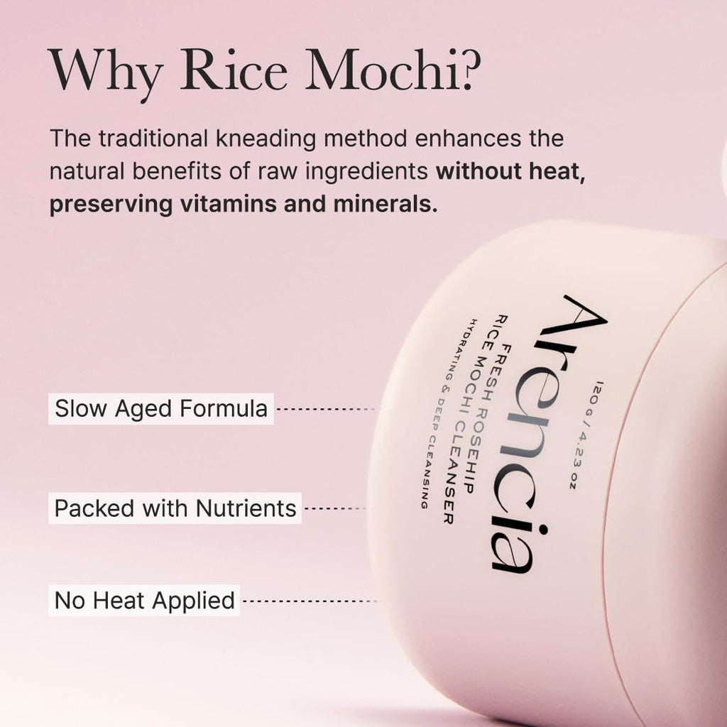 Arencia Rosehip Brightening Rice Mochi Face Cleanser & Daily Scrub - Moisturizing, Exfoliating & Deep-Cleansing - All Skin Types with Rice Powder & Rice Water (4.23oz)